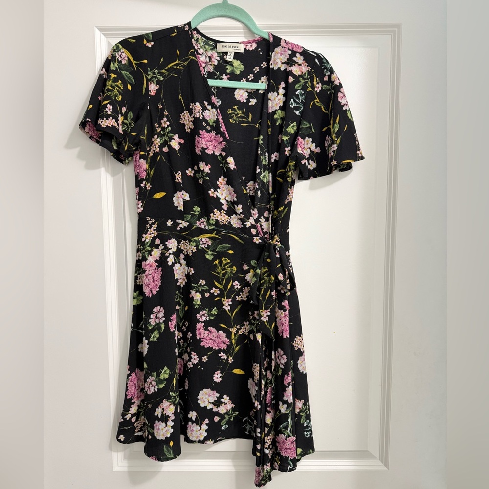 Monteau Black and Pink Floral Mini Wrap Dress